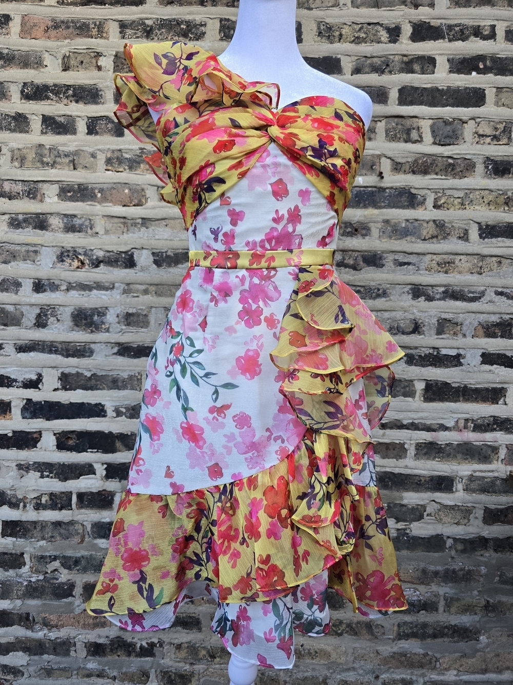 One-Shoulder Floral Ruffle Midi Dress in Yellow and Pink
